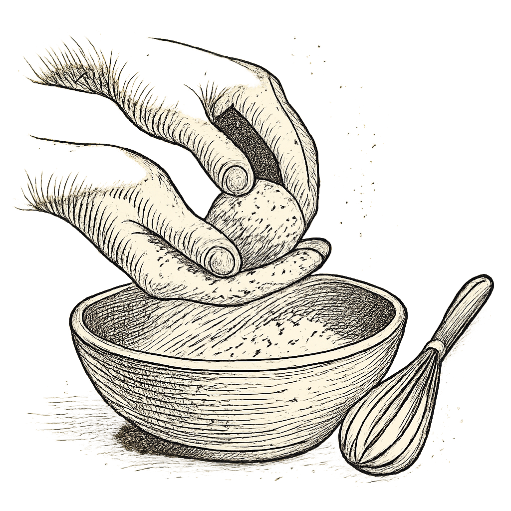 Ink illustration of hands shaping a croquette